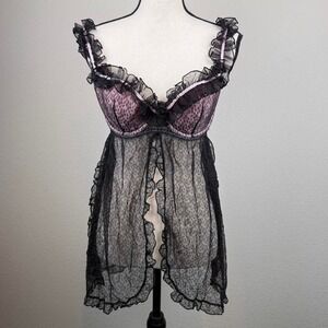 Victoria's Secret Y2K Sheer Lace Ruffle Babydoll Lingerie Size: 36C